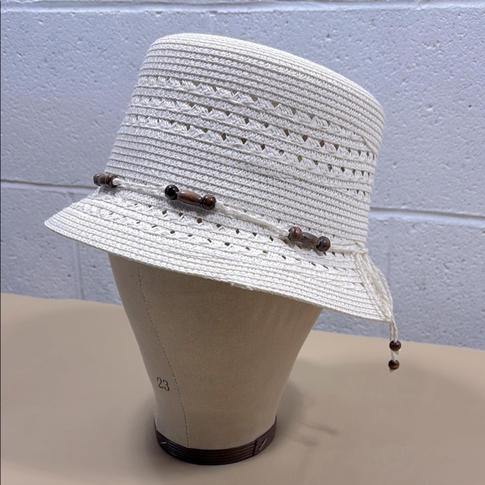 100% natural straw  Cream Bucket Hat with Bead Accents​​​​